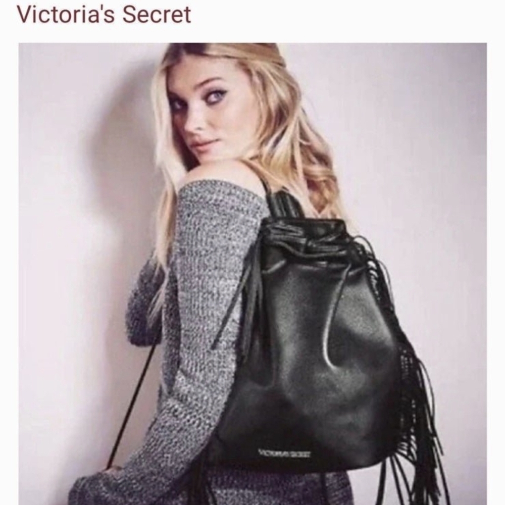 Like New Victoria's Secret Black Drawstring Tassle Bag Purse - Picture 5 of 8